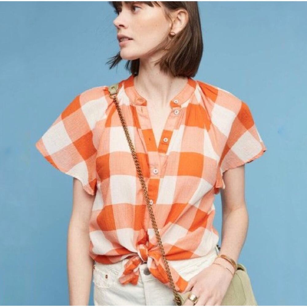 Anthropologie X Maeve Womens Flutter Sleeve Button Up Plaid Blouse‎ Top Size S